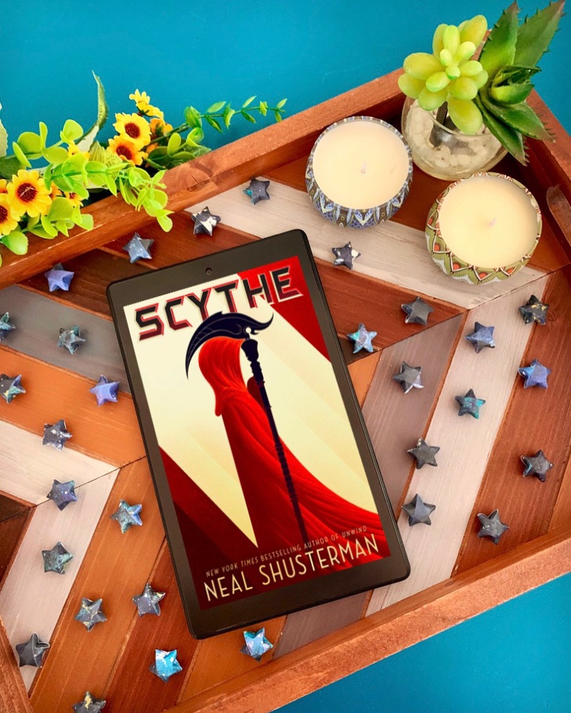 Scythe (arc of a scythe, #1) by neal shusterman picture taken by @deesreadingtree